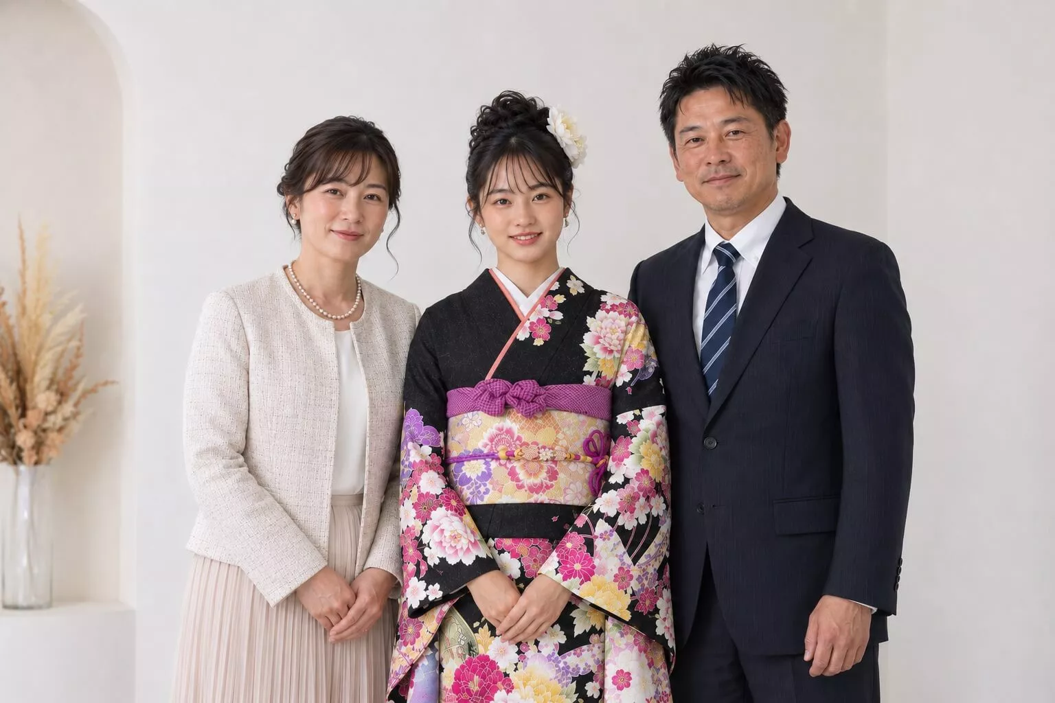 沖縄成人式ファミリーフォト 華やかな振袖姿の女性を中心に両親と並ぶ家族記念写真