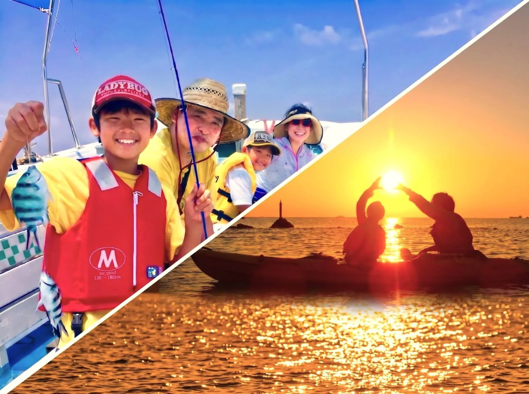 沖縄の海で夕日を望むサンセットカヤックと本格船釣りツアーを一日で満喫する家族の記念写真