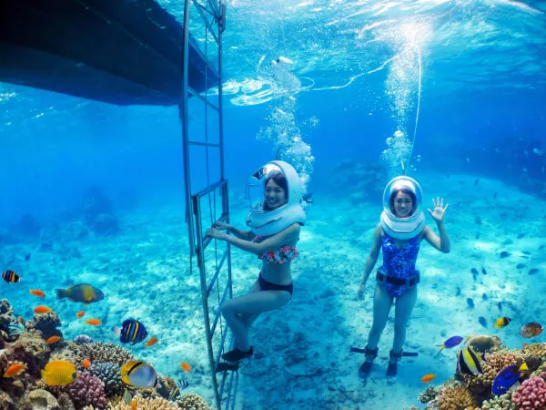 はしごをゆっくり降りて水底に向かいます