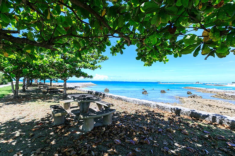 美々（びび）ビーチいとまん｜緑の木陰の下にある、涼しげなテーブルとベンチ