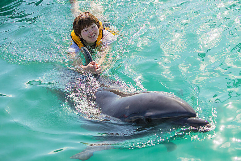 もとぶ元気村|イルカの背びれに捕まって泳ぐ女性
