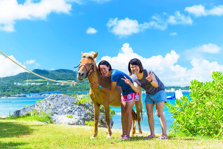 もとぶ元気村|与那国馬と触れ合う女性二人