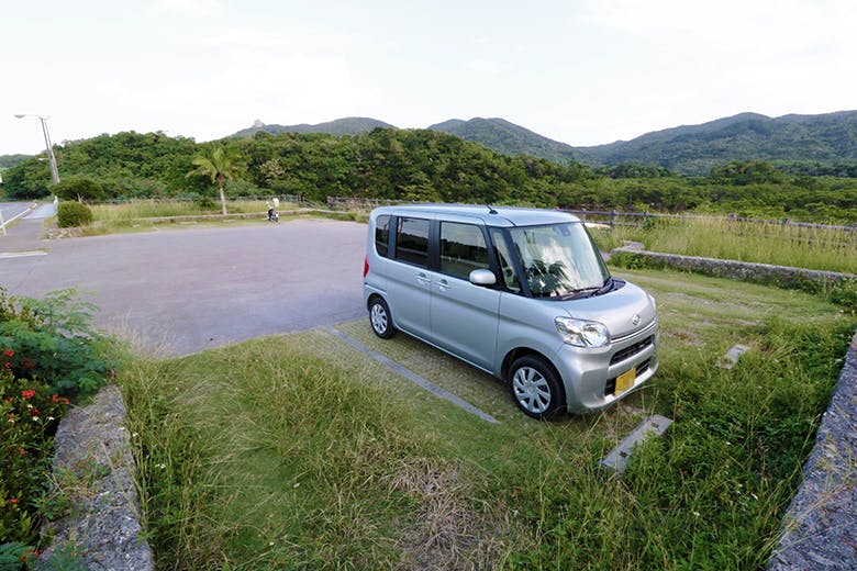 吹通川のヒルギ群落（ふきどうがわのひるぎぐんらく）｜レンタカーが止まった広めの駐車場