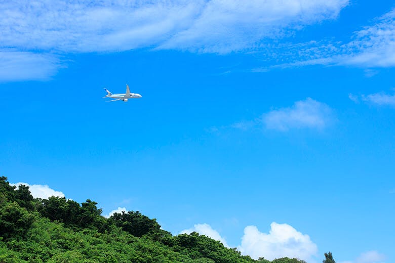 瀬長島ウミカジテラス|島の上空を飛ぶANAの旅客機