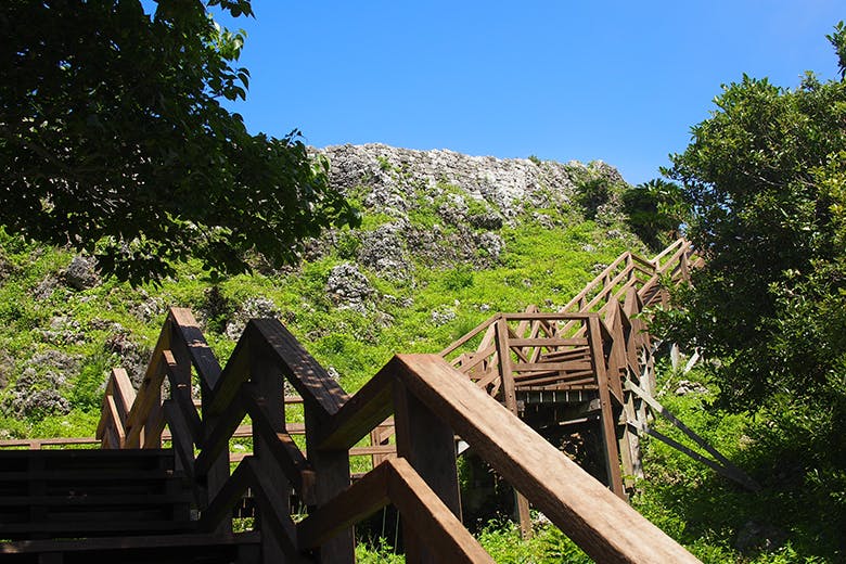 玉城城跡｜上部まで伸びる木製の階段