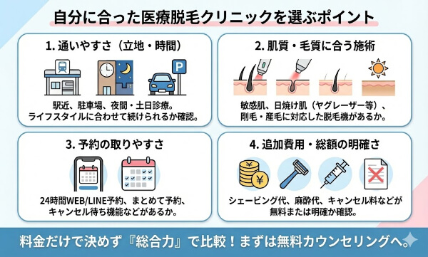 自分に合った医療脱毛クリニックを選ぶポイントの図解