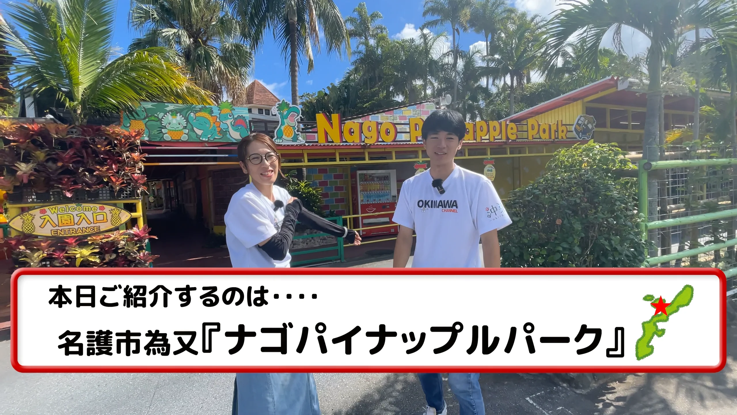 ナゴパイナップルパークの入り口とパイナップルトレイン。南国情緒あふれる風景