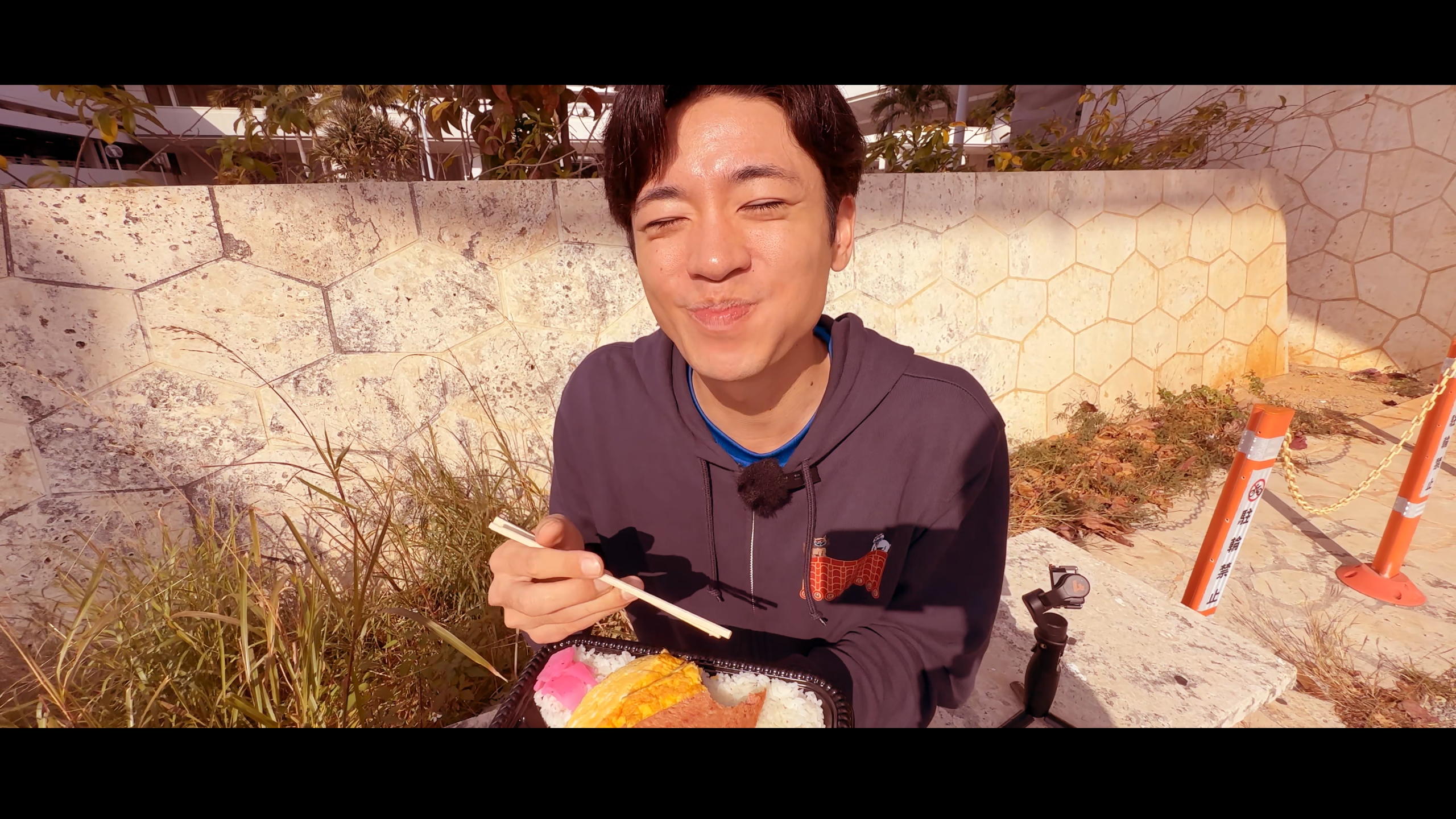 分厚いポークやチャンプルーをご飯と一緒に美味しく頬張るカット